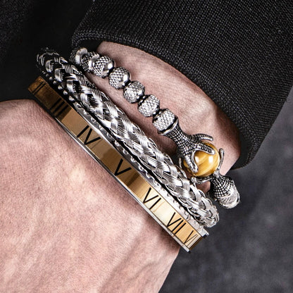 Eagle’s Majesty: Bold Tiger Eye & Steel Men's Bracelet Set